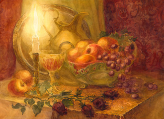 Fototapeta na wymiar Gouache still life. Burning candle illuminates fruits and golden