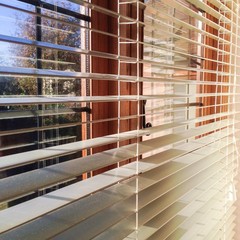 Morning sunlight through open blinds