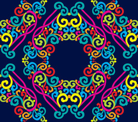 Colorful seamless ornament, blue background.