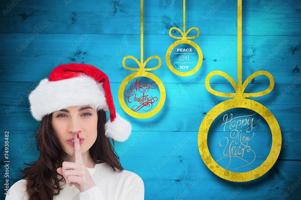 Poster composite image of festive brunette keeping a secret