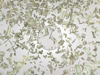 Clock and falling dollars bills