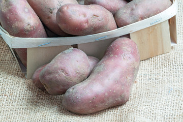 Pommes de terre rouges dans un cageot sur sac de toile