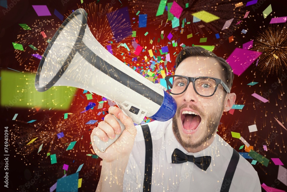 Aufkleber Composite image of geeky businessman shouting through megaphone