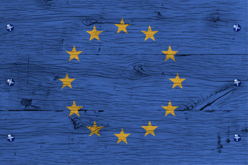 European Union flag painted old oak wood fastened