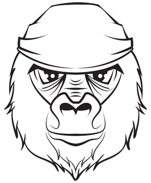 Gorilla head. Black and white drawing