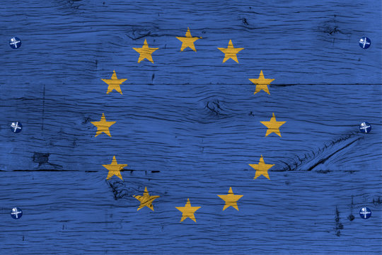 European Union flag painted old oak wood fastened