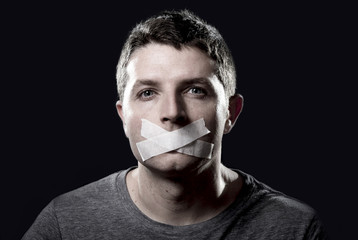 censored man mouth sealed on tape freedom abused - obrazy, fototapety, plakaty