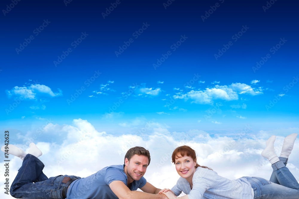 Poster composite image of couple lying on the floor