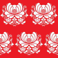Norwegian folk art seamless white pattern on red background