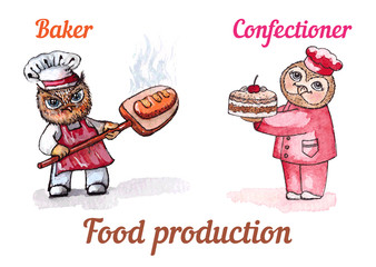 Owls baker and confectioner. Vector watercolor set.