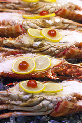 closeup of cooked lobsters with lemon and cherry tomato