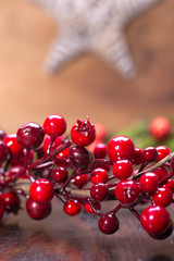 Red christmas baubles on the snow. christmas decorations