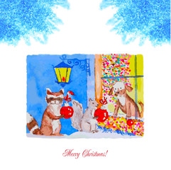 Card Christmas Eve with raccoon, squirrel and dog