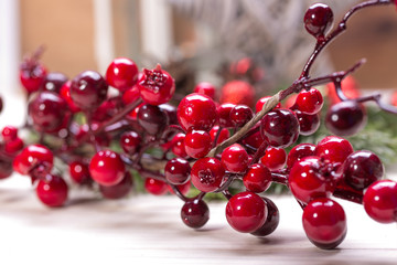 Red christmas baubles on the snow. christmas decorations