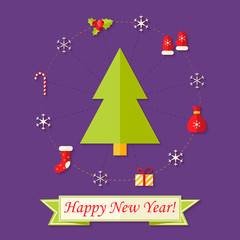 Happy New Year Card with Christmas Tree over Purple