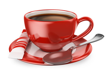 3D cup of coffee with sugar and spoon