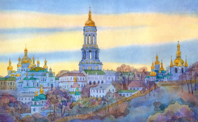 Watercolor cityscape. Monastery on steep hill in winter evening