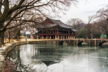 Traditional Gwanghalluwon Pavilion scene in winter.