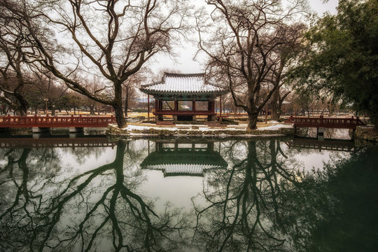Traditional Gwanghalluwon Pavilion scene in winter.