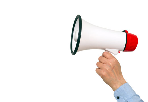 Megaphone with hand on white background