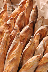 French baguettes in metal basket in bakery