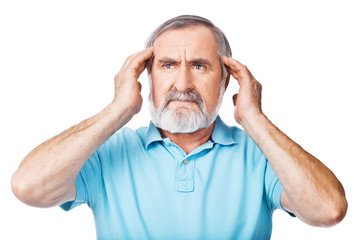 Senior man having headache isolated over white background