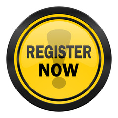 register now icon, yellow logo,