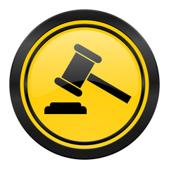 auction icon, yellow logo, court sign, verdict symbol