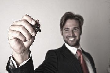 Young businessman holding lecture