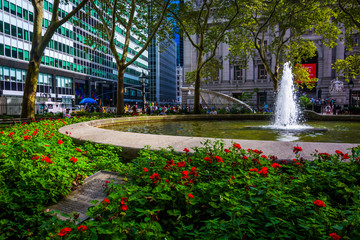 Flowers and fountains at Bowling Green, in Lower Manhattan, New