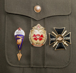 Different russian awards and medals on the uniform
