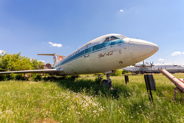 Old russian aircraft Yak-42 at an abandoned aerodrome