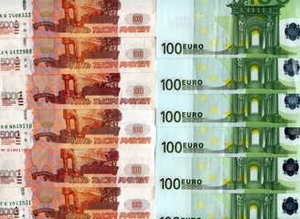 Background. Euro banknotes and Russia rubles