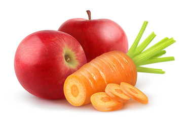 Isolated fruits. Cut carrot and red apples (baby food ingredients) isolated on white background,...