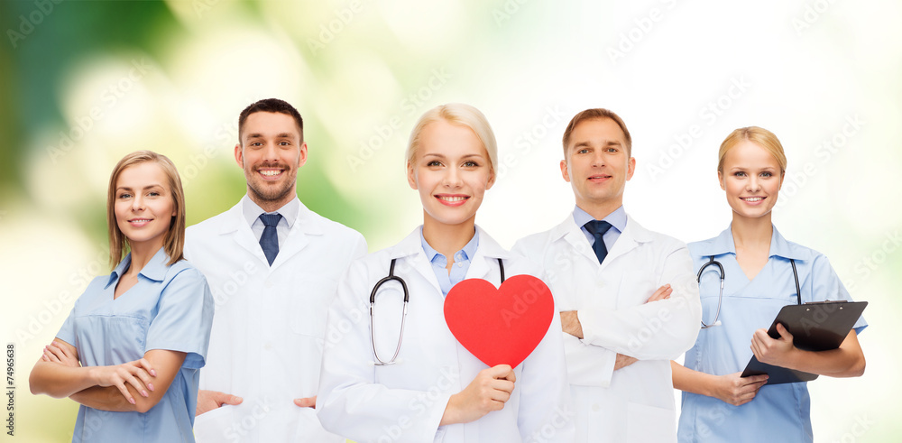 Poster group of smiling doctors with red heart shape