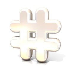 Hashtag, number mark 3d white sign isolated on white background.