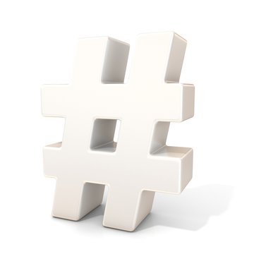 Hashtag, number mark 3d white sign isolated on white background
