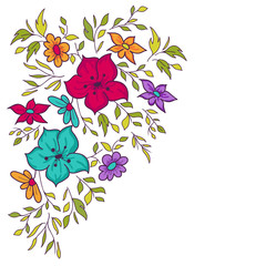 Vector hand-drawn pattern with flowers and leaves. Colorful flor