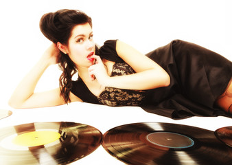 Girl with phonography analogue records music lover