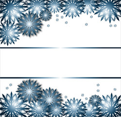 snow flakes with blue ribbons on white texture winter