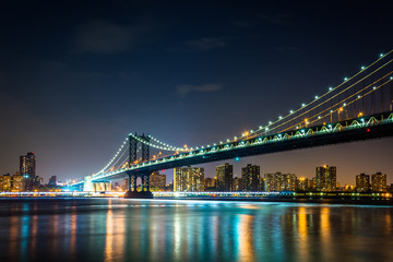Manhattan Bridge at night, seen from Brooklyn Bridge Park, in Br
