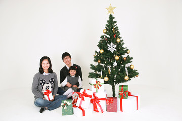 크리스마스 트리 옆의 사람들