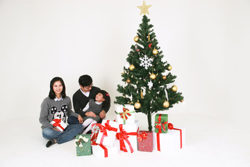 크리스마스 트리 옆의 사람들