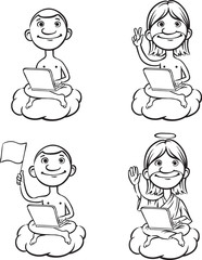 whiteboard drawing - nude cartoon men on a cloud