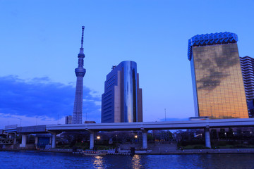 Tokyo Sky Tree and Sumida river in Tokyo at dusk