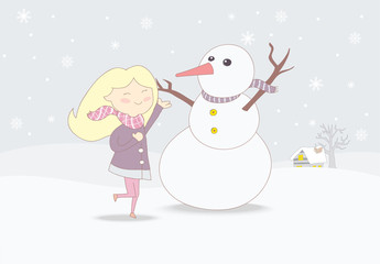 Girl with snowman in white Christmas