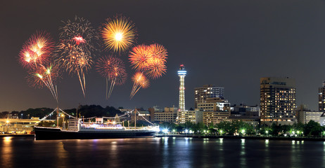 Fireworks celebrating over  marina bay in Yokohama City