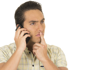 young handsome hispanic man posing using cell phone