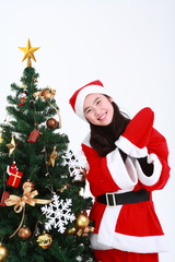 산타 복장을 한 여자 소녀와 선물들