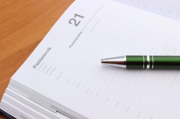 Closeup of green pen on calendar